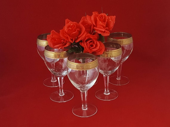 Vintage Gold Trim Wine Glasses - Mid Century Set of 6