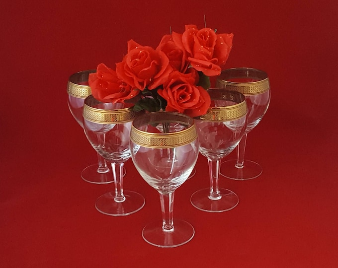 Wine Glasses with Gold Trim Band, Set of 6, for Holiday Parties and Special Gifts