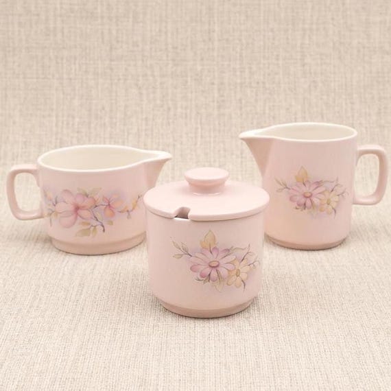 Vintage Hornsea Pottery Pastel Pink Floral Tea Set Creamer Sugar Bowl Milk Jug England