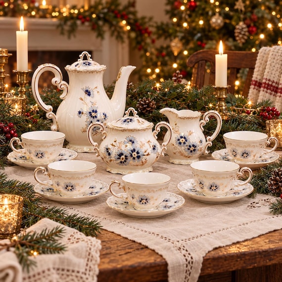 Vintage Zsolnay Hungary Cornflower Porcelain Coffee Set for Six, 18K Gold, 15 Pieces