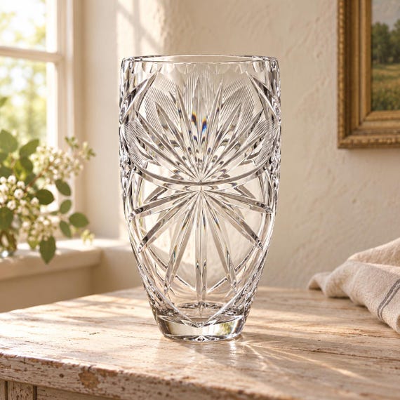 Mid Century Lead Crystal Vase, Starburst and Fan Cut Design, Sold Individually