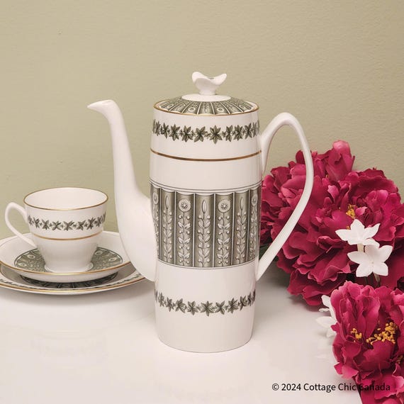 Spode Provence Vintage Coffee Pot – Mid Century Fine Bone China, Green Floral Gold Trim