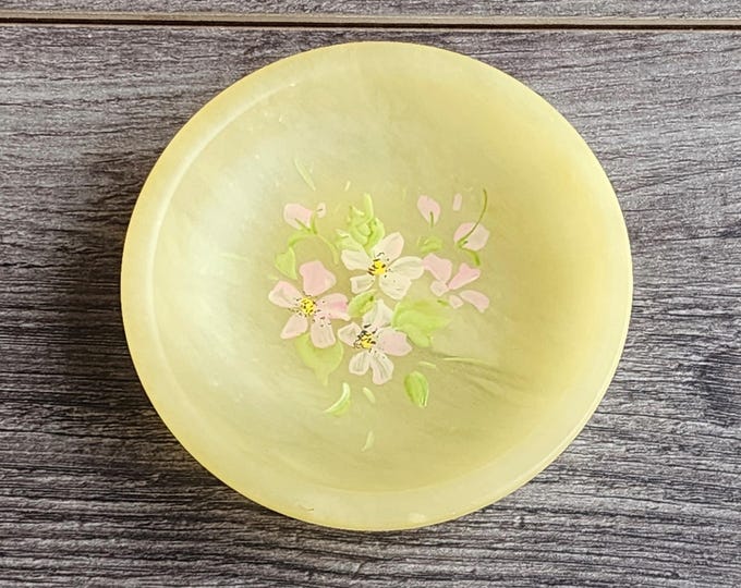Birks Alabaster Yellow Trinket Dish – Hand Painted Floral Design