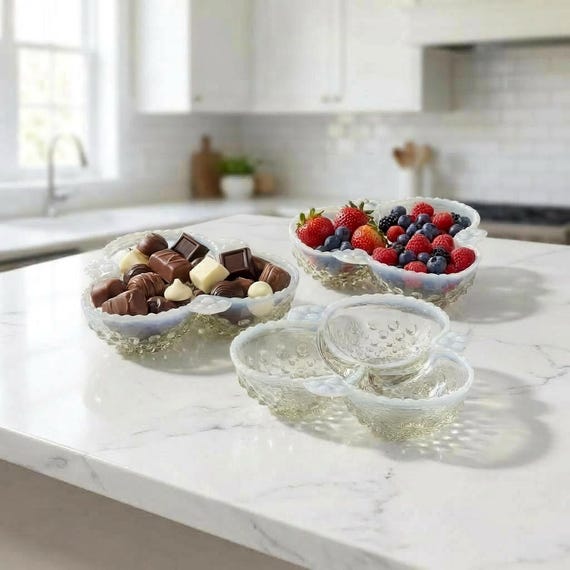 Fenton Style French Opalescent Hobnail Cloverleaf Relish Dishes – Mid Century Set of 3 USA