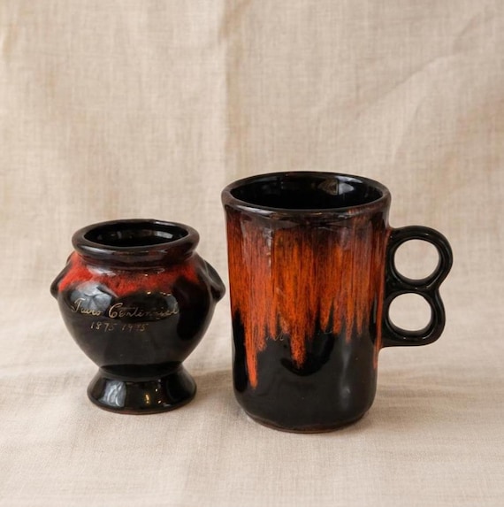 Royal Canadian Art Pottery RCAP Mug and Sugar Bowl – Red and Black Drip Glaze