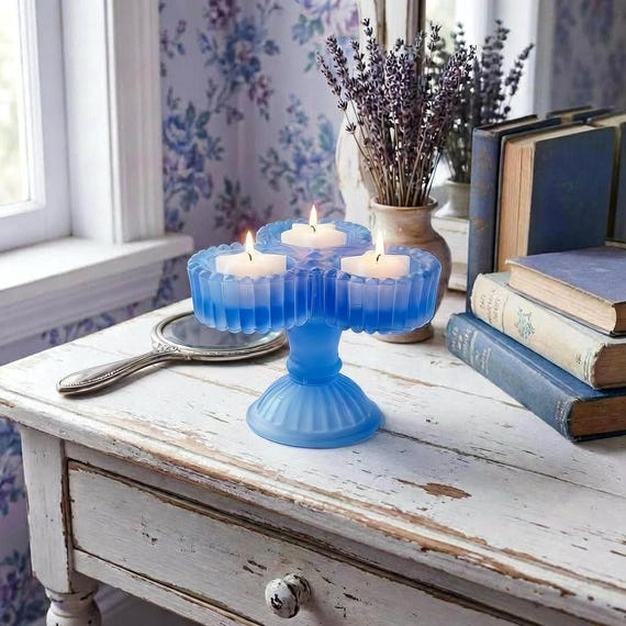 Vintage Blue Opaline Glass Triple Votive Holder – Pedestal Tealight Stand USA