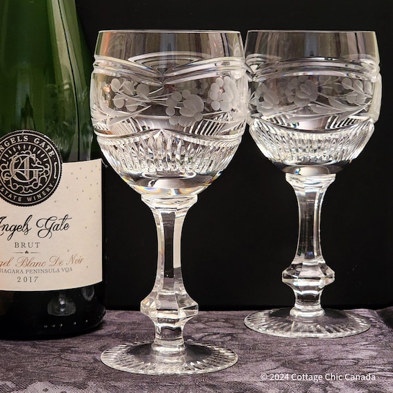 Bohemian Czech Crystal Wine Glasses Pair – Etched Floral 24% Lead Crystal – Czechoslovakia