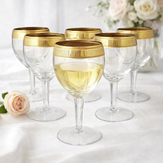 Mid Century Gold Band Water Goblets – Set of 6 Wine Glasses – Hollywood Regency Style