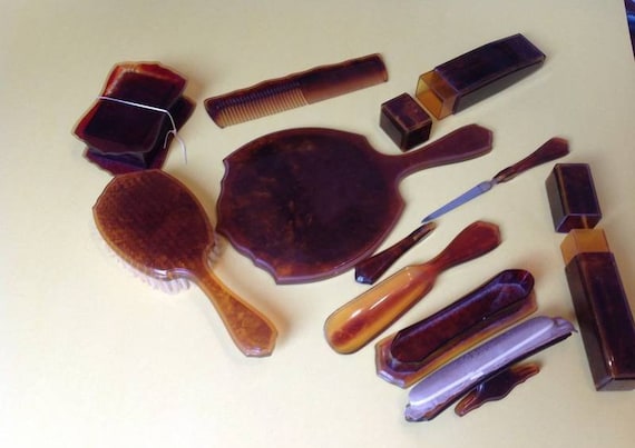 Art Deco Vanity Set With Original Case, Vintage 10 Piece Travel Companion