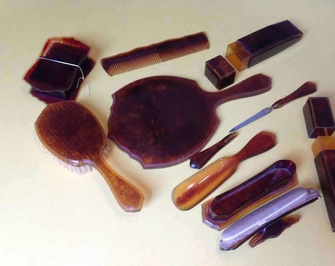 Art Deco Vanity Set With Original Case, Vintage 10 Piece Travel Companion