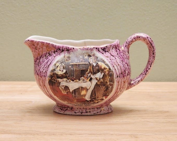 Sandland & Lancaster Pink Transferware Creamer – Motto Ware Illustration Inspired by the Works of Charles Dickens