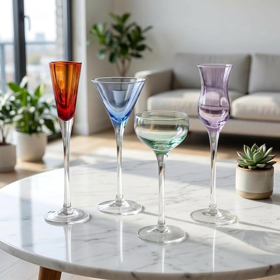 Vintage Coloured Stemmed Cordial Glasses Set of 4 – Modern Barware Made in China
