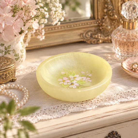 Vintage Birks Yellow Alabaster Trinket Dish Hand Painted Floral Jewelry Bowl 4.75 Inch