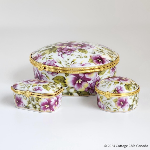 Vintage Porcelain Trinket Pill Box Trio – Italian Violets Floral Jewelry Boxes, Set of 3