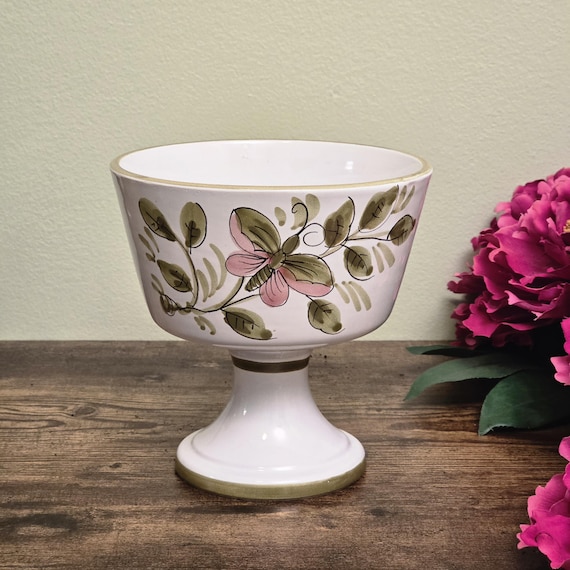 Italian Ceramic Pedestal Bowl, Hand Painted Floral, Vintage Covered Candy Dish, Footed Compote
