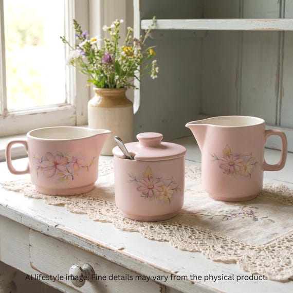 Vintage Hornsea Pottery Pastel Pink Floral Tea Set Creamer Sugar Bowl Milk Jug England