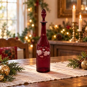 Può includere: Un decanter in vetro rosso intenso con un tappo abbinato a forma di goccia. Il corpo del decanter presenta un disegno floreale bianco inciso con motivi a viticcio che circondano il centro del contenitore in vetro.