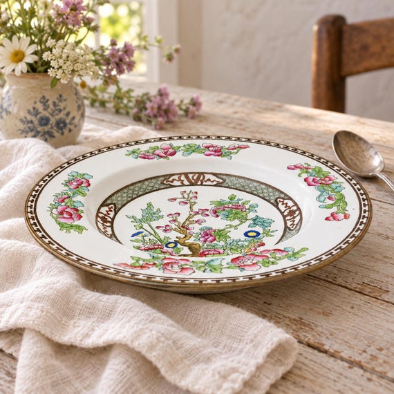 Antique Coalport Indian Tree Rim Soup Bowl, Multicolor Floral Bone China, Smooth Edge