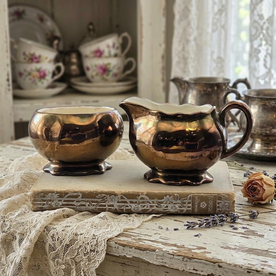 Vintage Sandland Lancaster Copper Luster Creamer Sugar Bowl Set England