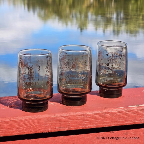Mid-Century Smoked-Brown Gold-Label Bar Glasses – Alberta Pure, Royal Mark & Silver Crown, Set of 3