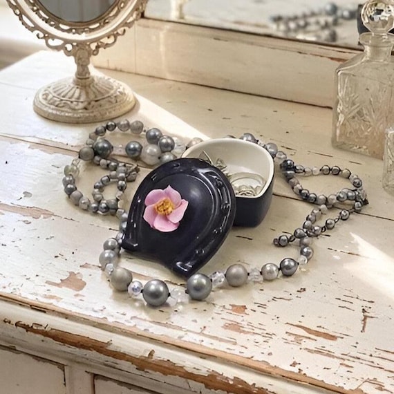 Bone China Horseshoe Trinket Box with Floral Rose Lid – Coalport England