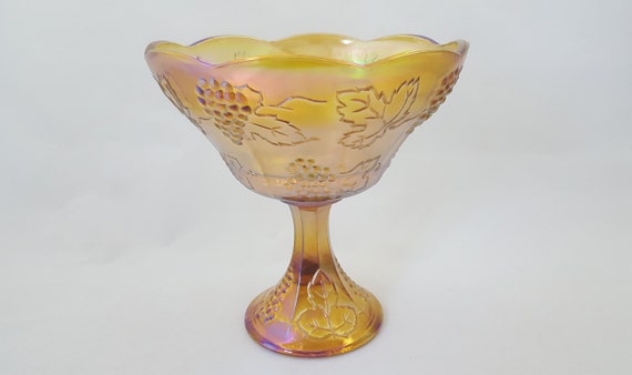 Indiana Glass Harvest Wedding Centerpiece Pedestal Bowl – Golden Iridescent Carnival Glass
