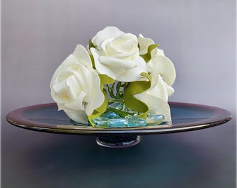 Cheryl Takacs Signed Hand Blown Studio Art Glass Pedestal Dish – Cobalt Blue & Fuchsia Pink Rim