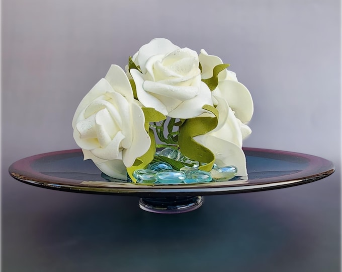 Cheryl Takacs Signed Hand Blown Studio Art Glass Pedestal Dish – Cobalt Blue & Fuchsia Pink Rim