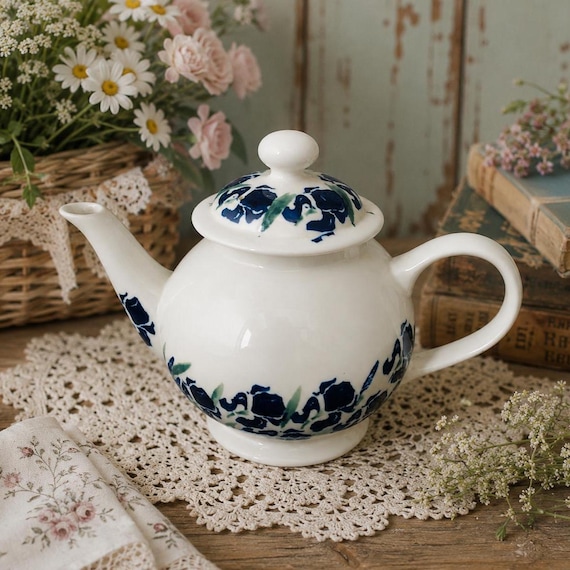 Vintage Wakefield Spongeware Teapot Blue Floral Hand Decorated England Cottage Pottery