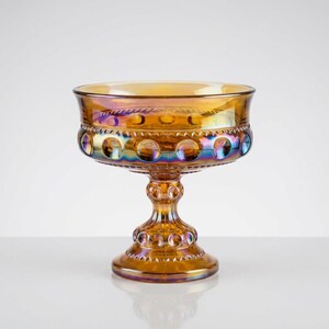 Indiana Glass Thumbprint Pedestal Candy Dish Bowl – Marigold Iridescent Carnival Glass