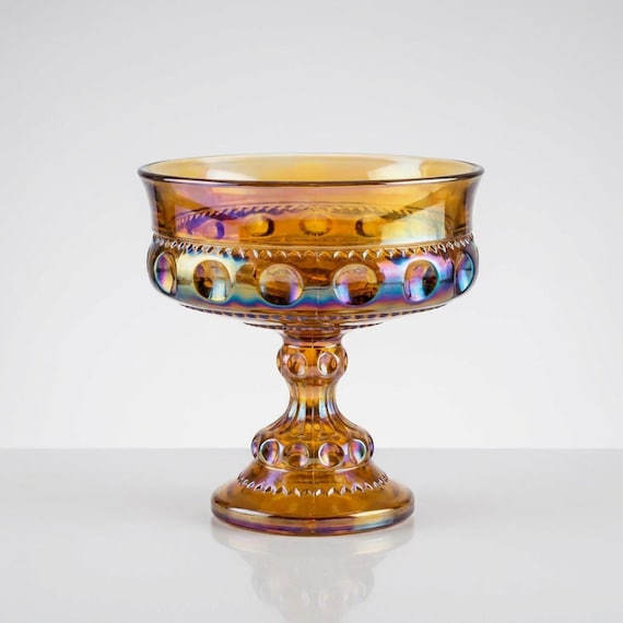 Indiana Glass Thumbprint Pedestal Candy Dish Bowl – Marigold Iridescent Carnival Glass