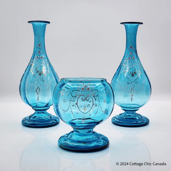Antique Handblown Blue Glass Vase Trio – Art Nouveau Floral Vanity Decor Set
