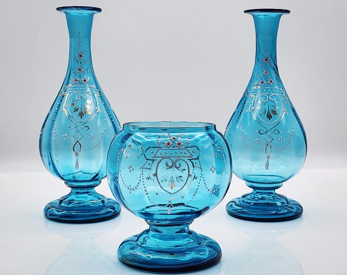 Art Nouveau Handblown Blue Glass Bulb Bud Vases Set for Antique Vintage Home Decor Gifts