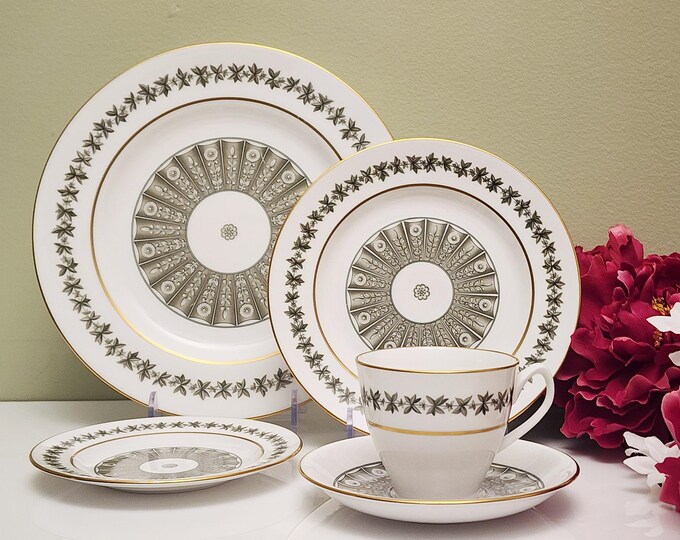 Spode Provence 5 Pc Place Setting – Mid Century Fine Bone China Dinnerware, Vintage Tea Set, Green Floral Gold Trim