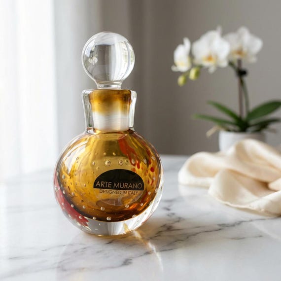 Murano Bullicante Art Glass Perfume Bottle – Vintage Amber Hand Blown Italy