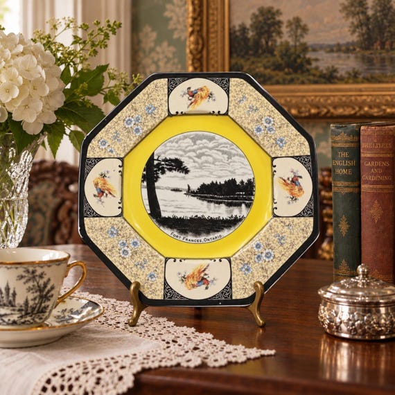 Antique Wedgwood & Co Honolulu Octagonal Plate Yellow Bird Landscape English China Souvenir Commemorative