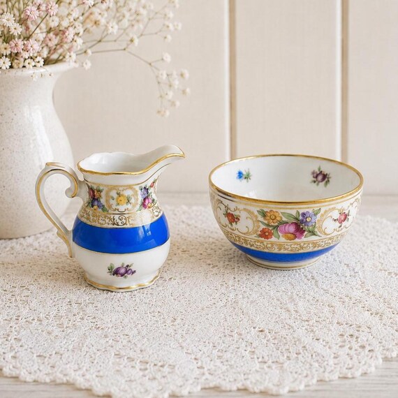 Schumann Bavaria Dresden Line Creamer Sugar Bowl Cobalt Blue Floral Porcelain