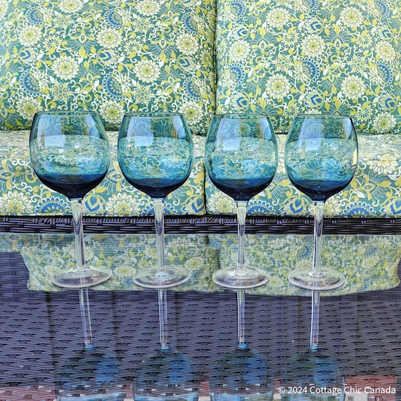 Vintage Teal Blue Stemmed Balloon Wine Glasses – Set of 4 Modern Contemporary Barware