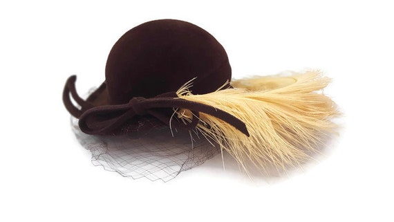 Vintage Brown Velvet Feather Flapper Hat, Brown Fl