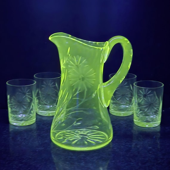 Gundy-Clapperton G6C2 Uranium Glass Pitcher & Tumblers, Floral Cut Crystal Lemonade Set, ABP