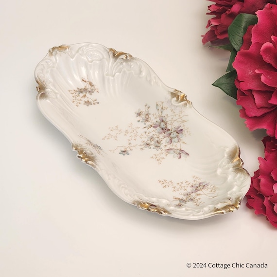 Dresden Hand Painted Oblong Serving Dish – Floral Gold Trim Vintage Porcelain Germany