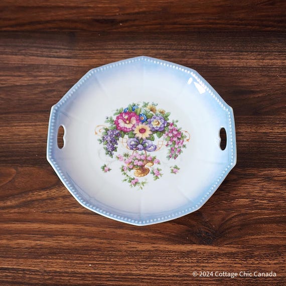 European Porcelain 9 1/4" Octagonal Plate with Floral Basket Design for Serving