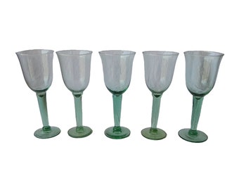 Set of 5 Vintage Green Glass Wine Goblets! Beautiful Colored Wine Glasses! Free Shipping!