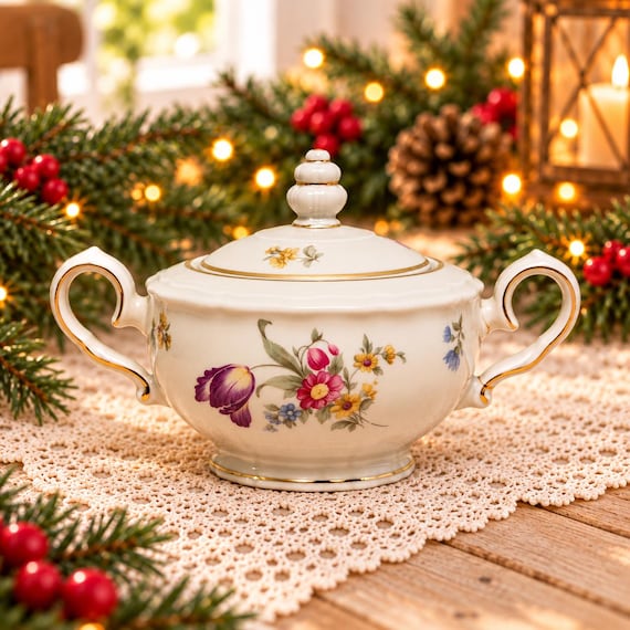 Vintage Johann Haviland Bavaria Lidded Sugar Bowl Floral Sprays Chippendale Shape Germany