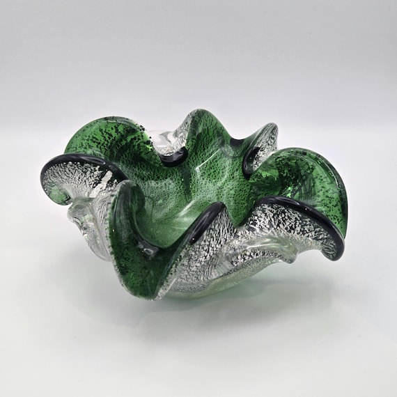 Vintage Murano Art Glass Dish – Emerald Green with Silver Fleck Italy