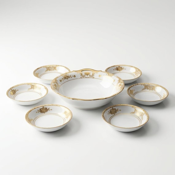 Vintage Noritake Moriage 7-piece Berry Bowl Set – Gold Floral