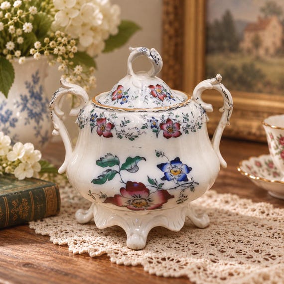 Antique Victorian Hand Painted Sugar Bowl English Earthenware c1840s Floral