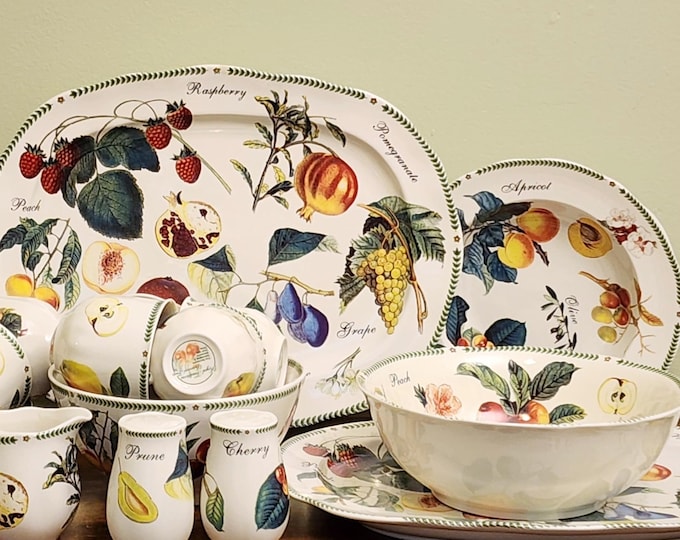 Royal Traditions 25-Piece Botanical Fruits China Dinnerware Set – Cups & Saucers, Bowls, Oval Platters and More!