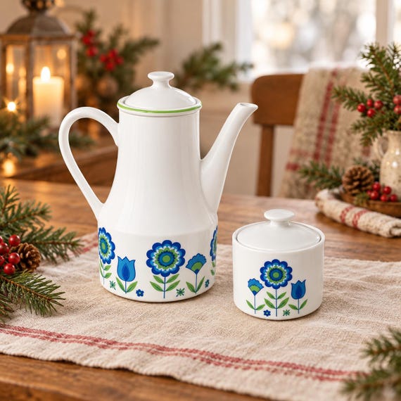 Vintage Japan Blue Green Daisy Coffee Pot & Covered Sugar Bowl Set, Mid Century Porcelain