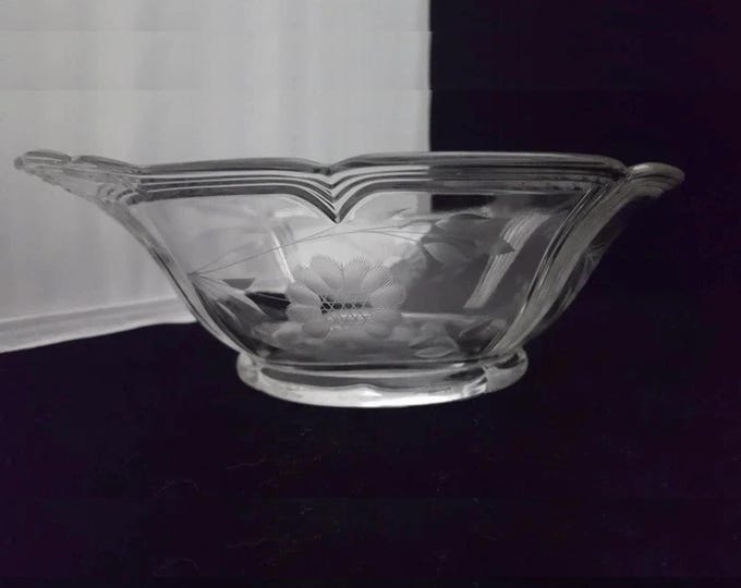 Hughes Cornflower Etched Glass Bowl - Imperial Pie Crust Clear, 10" Vintage